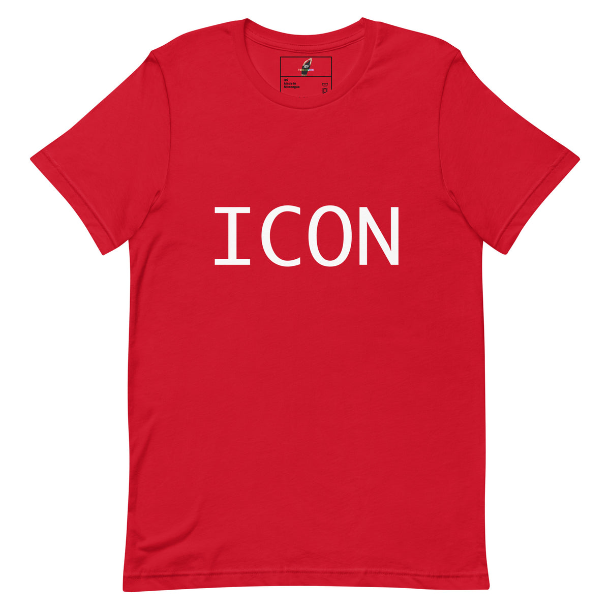 A red short-sleeve crewneck t-shirt with the word 'ICON' printed in bold white capital letters across the chest, displayed flat against a solid white background.