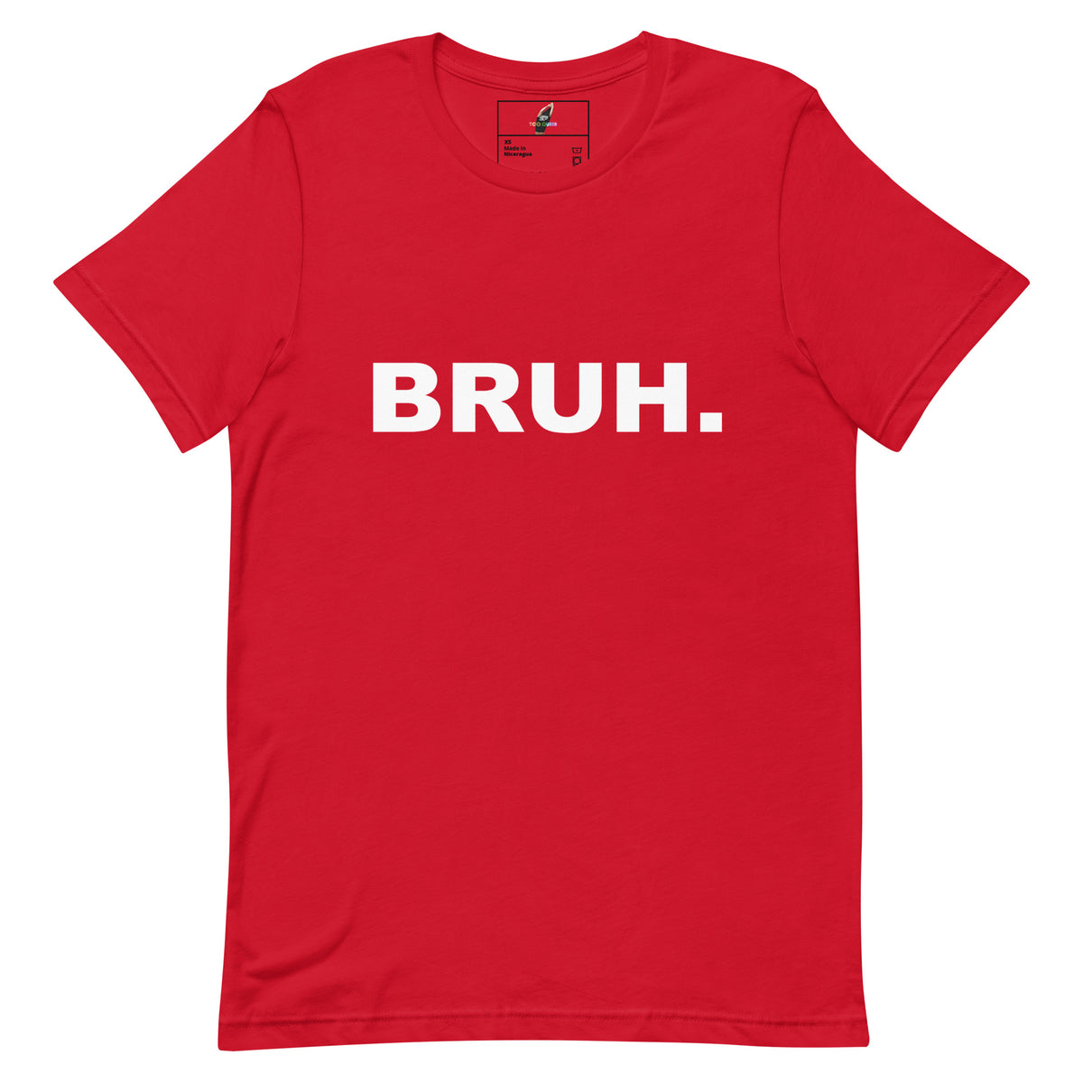 A red short-sleeve crewneck t-shirt with the word 'BRUH.' printed in bold white capital letters across the chest, displayed flat against a plain white background.