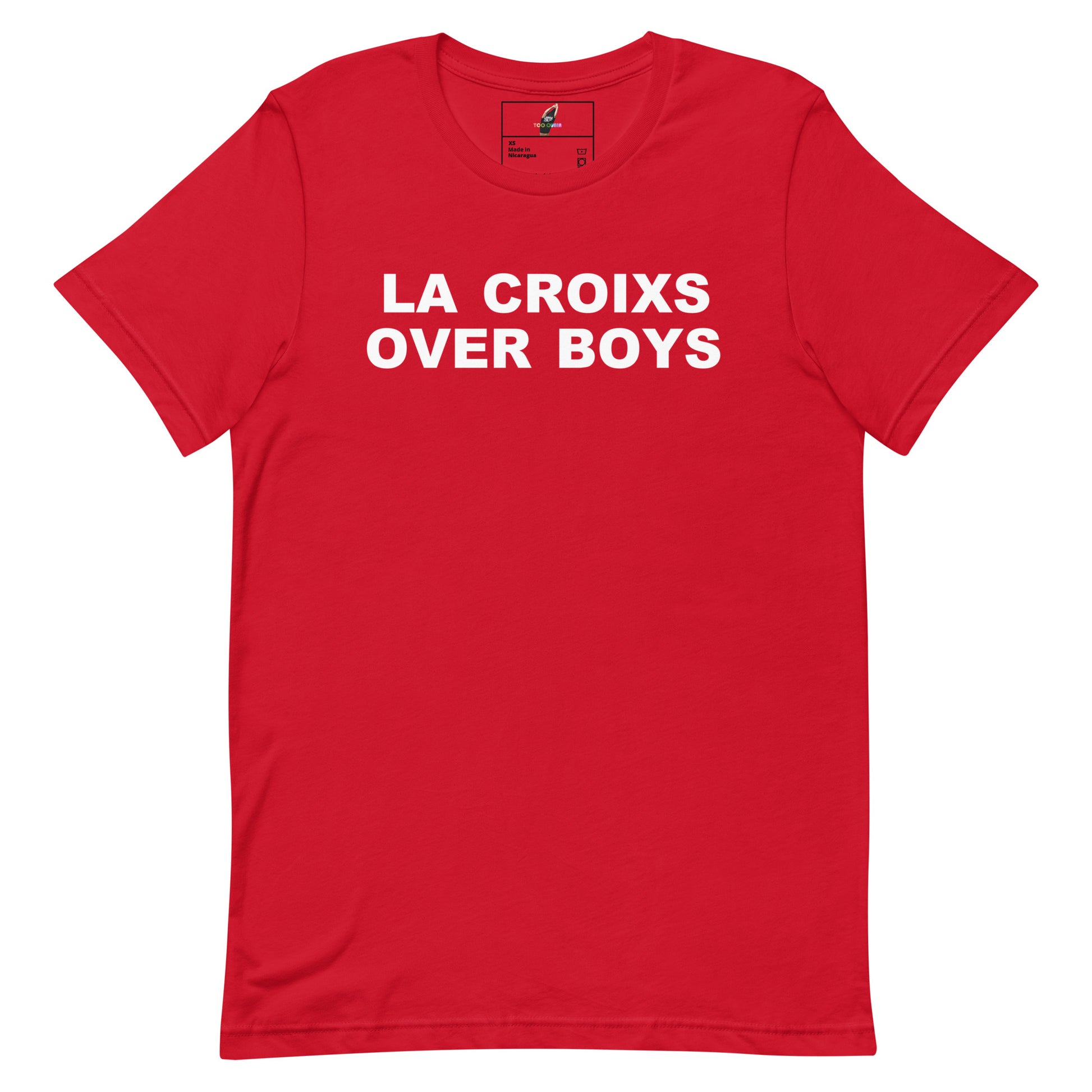 A red short-sleeve crewneck t-shirt with the phrase 'LA CROIXS OVER BOYS' printed in bold white capital letters across the chest, displayed flat against a plain white background.