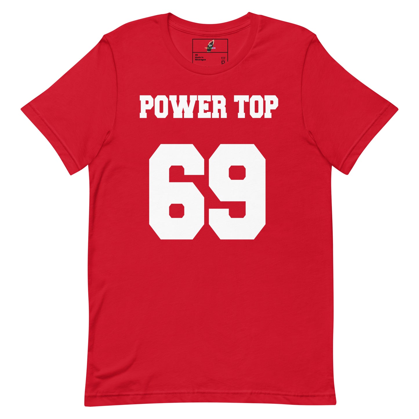 A red short-sleeve crewneck t-shirt with 'POWER TOP' and the number '69' printed in bold white block letters on the front, displayed against a solid white background.