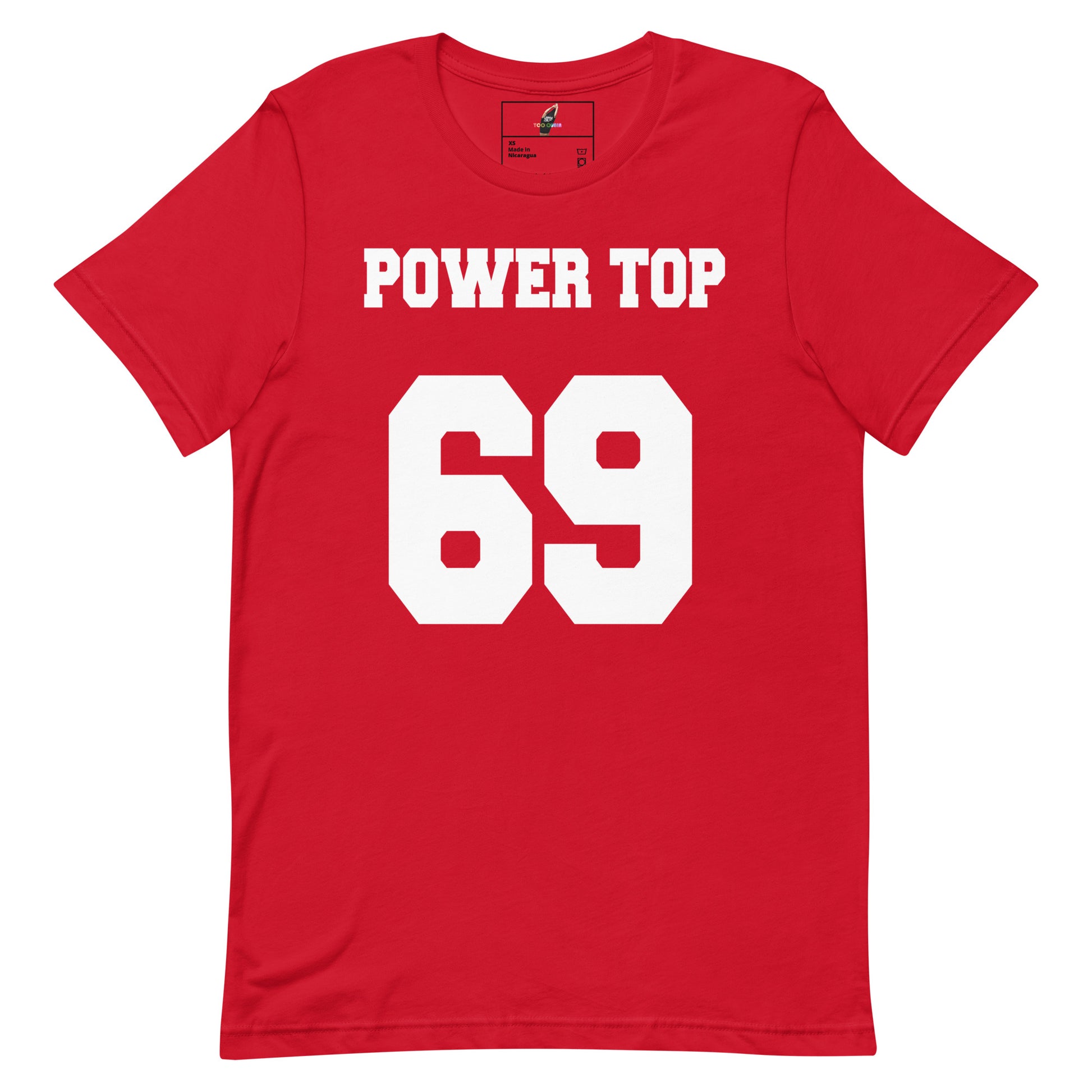 A red short-sleeve crewneck t-shirt with 'POWER TOP' and the number '69' printed in bold white block letters on the front, displayed against a solid white background.