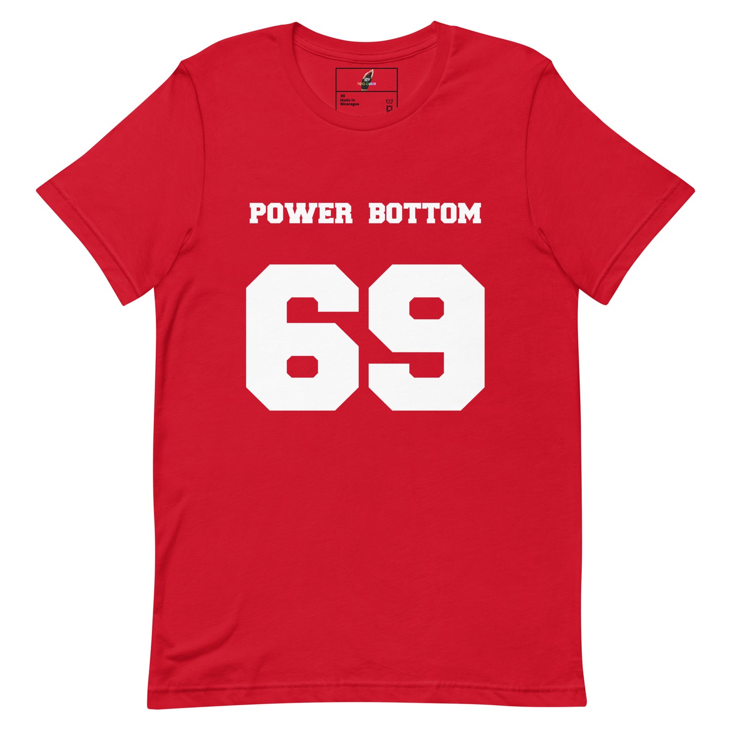 A red short-sleeve crewneck t-shirt with 'POWER BOTTOM' printed in white block letters above the large white number '69' on the front, shown on a plain white background.