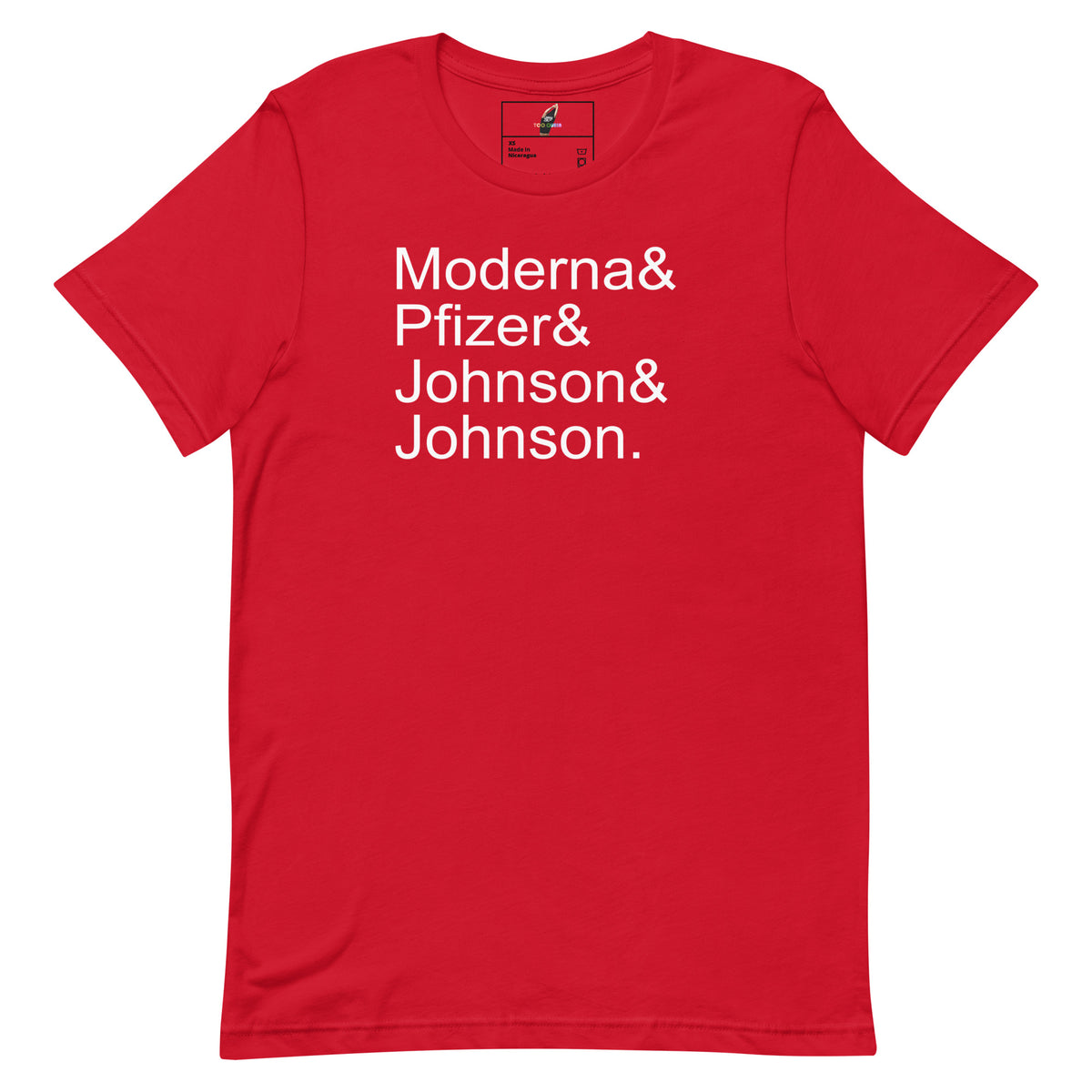 A red short-sleeve crewneck t-shirt with white text on the chest reading 'Moderna& Pfizer& Johnson& Johnson.'