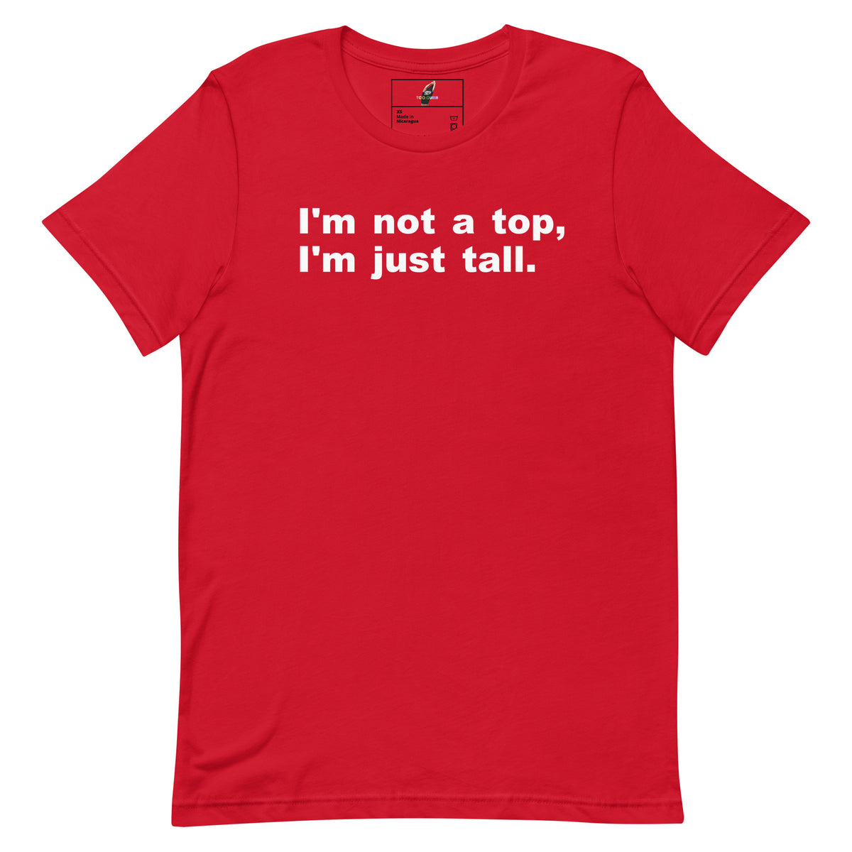 Red t-shirt with white text on a white background