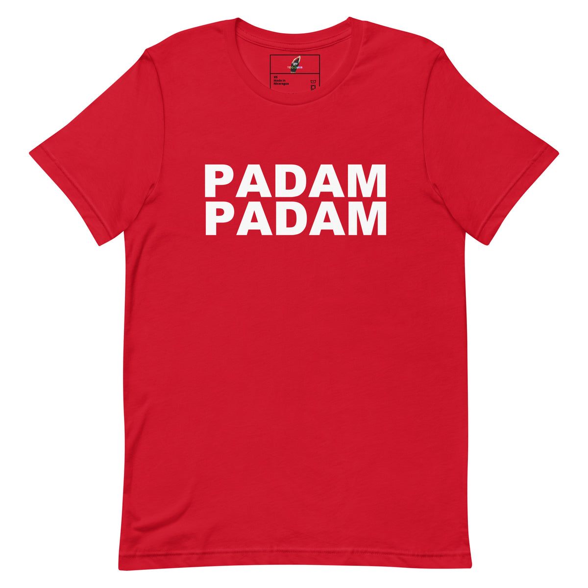 A red short-sleeve crewneck t-shirt with the words 'PADAM PADAM' printed in bold white capital letters across the chest, displayed flat against a solid white background.