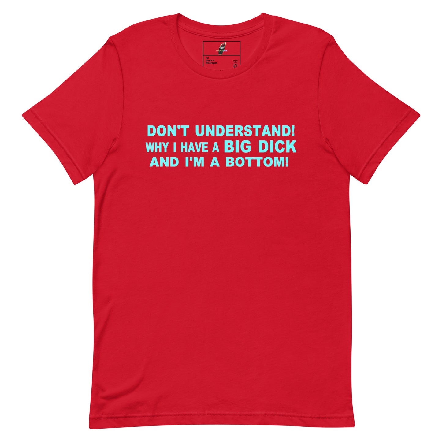 A red short-sleeve crewneck t-shirt with bold light blue text on the chest that reads 'DON'T UNDERSTAND! WHY I HAVE A BIG DICK AND I'M A BOTTOM!'. The shirt is presented flat against a solid white background.