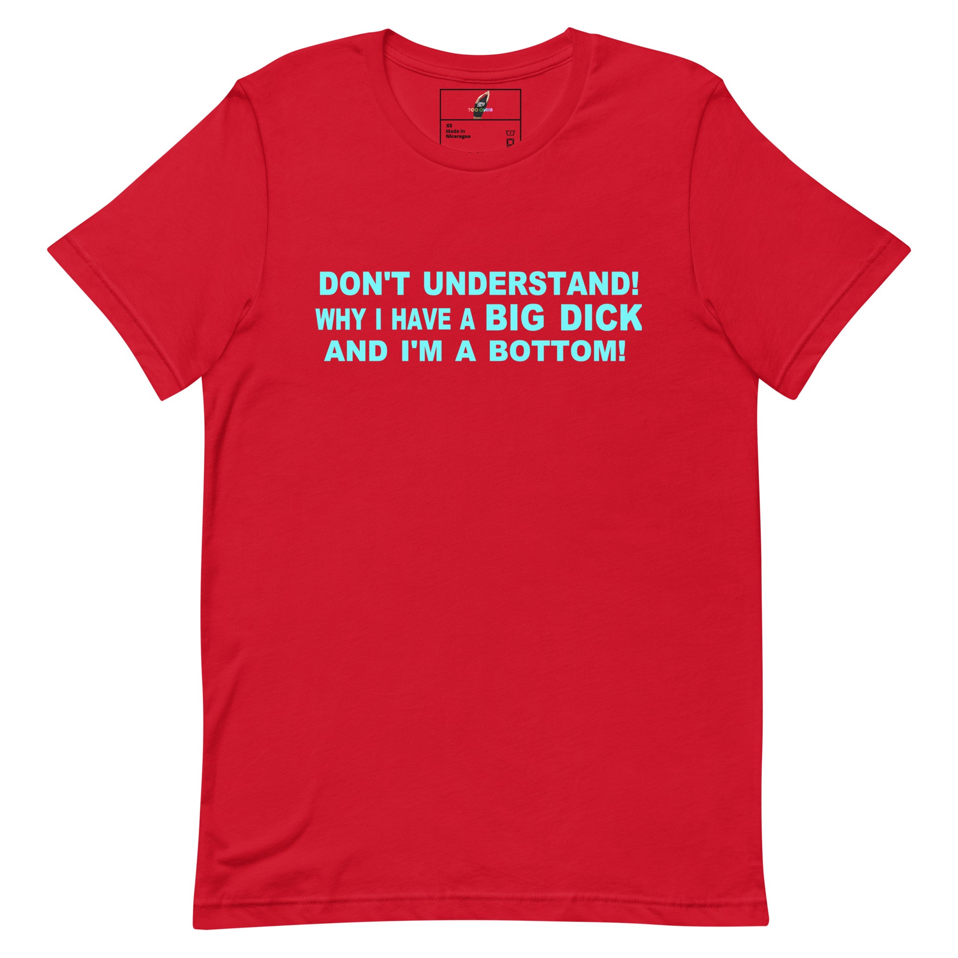 A red short-sleeve crewneck t-shirt with bold light blue text on the chest that reads 'DON'T UNDERSTAND! WHY I HAVE A BIG DICK AND I'M A BOTTOM!'. The shirt is presented flat against a solid white background.
