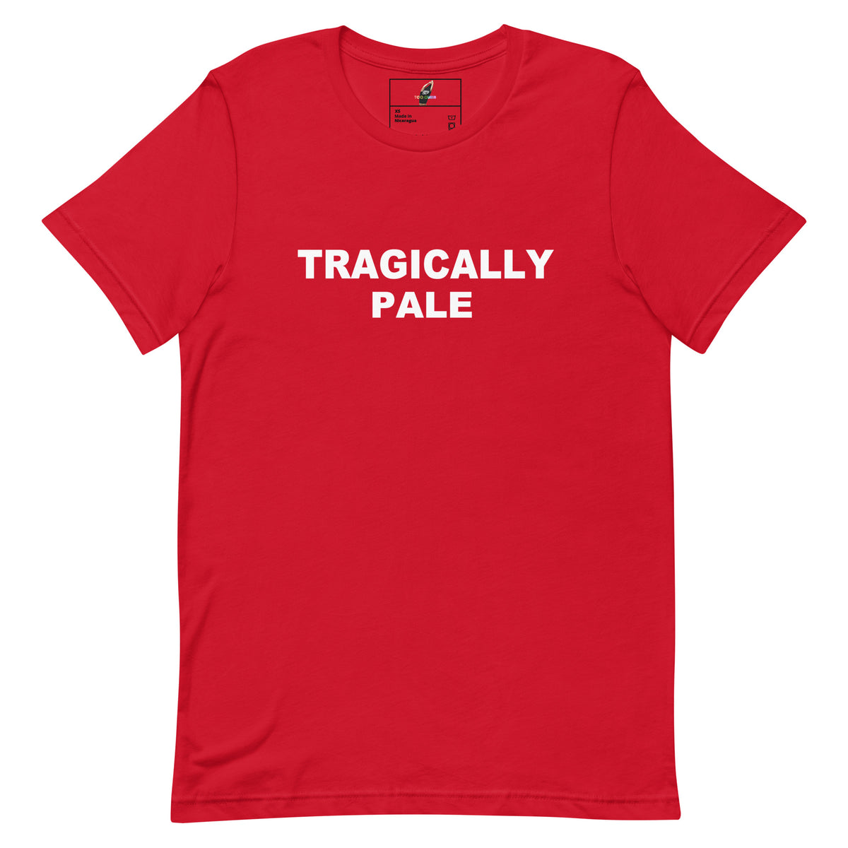 A red short-sleeve crewneck t-shirt with the words 'TRAGICALLY PALE' printed in white capital letters across the chest, displayed on a solid white background.