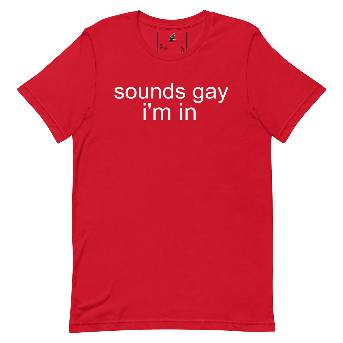 A red short-sleeve crewneck t-shirt with the phrase 'sounds gay i'm in' printed in white lowercase sans-serif text across the chest, displayed flat against a solid white background.