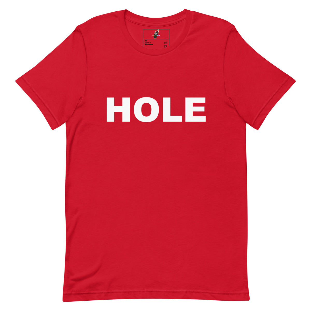 A red short-sleeve crewneck t-shirt with the word 'HOLE' printed in bold white capital letters across the chest, displayed flat against a solid white background.