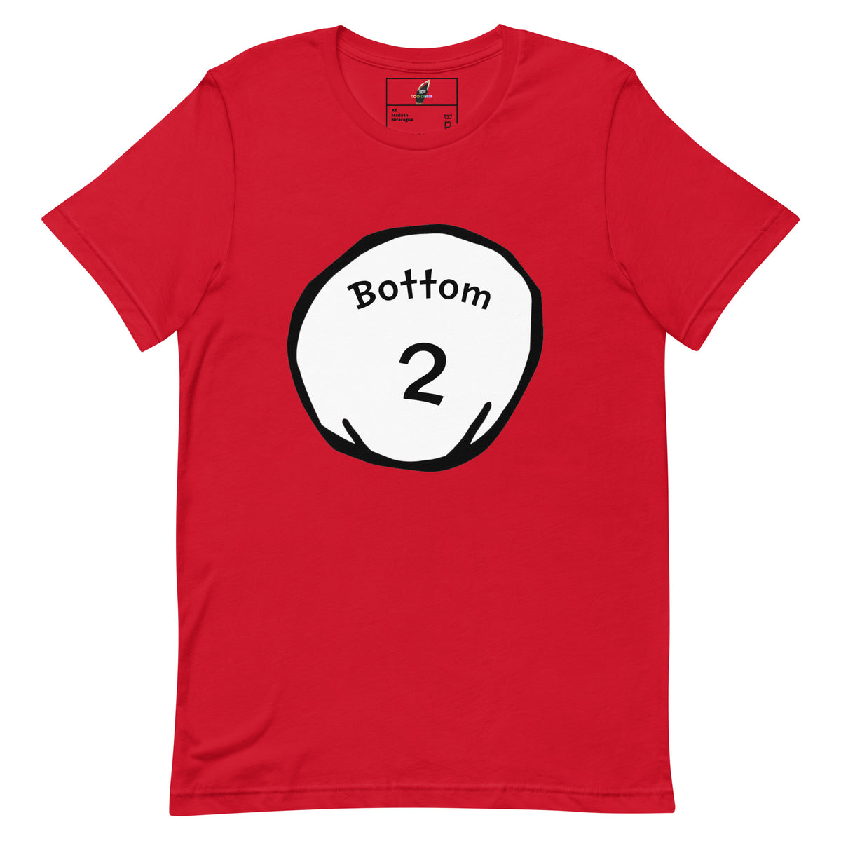 A red short-sleeve crewneck t-shirt featuring a white circular graphic on the chest with the text 'Bottom' and the number '2' inside a black hand-drawn circle.