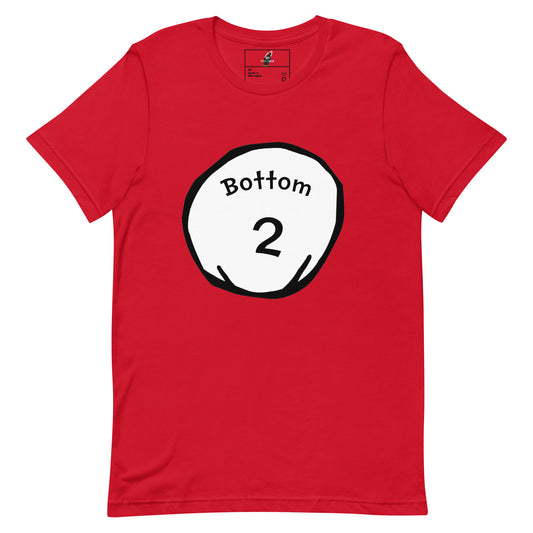 A red short-sleeve crewneck t-shirt featuring a white circular graphic on the chest with the text 'Bottom' and the number '2' inside a black hand-drawn circle.