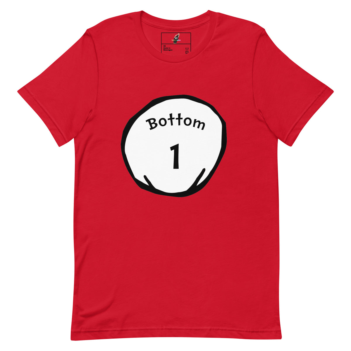A red short-sleeve crewneck t-shirt featuring a white circular graphic on the chest with a black border, containing the text 'Bottom' and the number '1'.