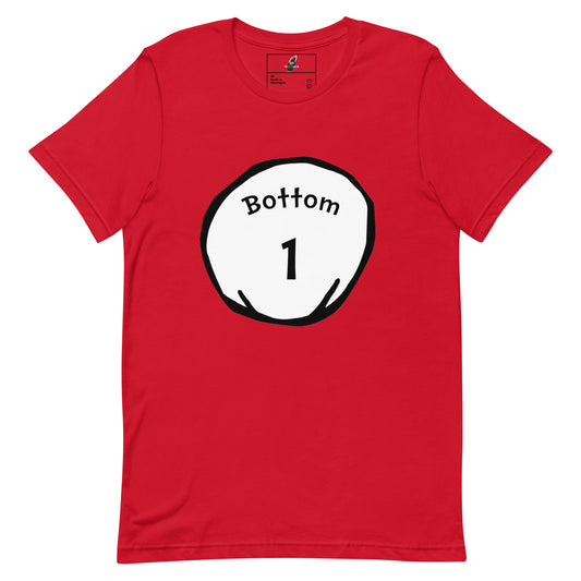 A red short-sleeve crewneck t-shirt featuring a white circular graphic on the chest with a black border, containing the text 'Bottom' and the number '1'.