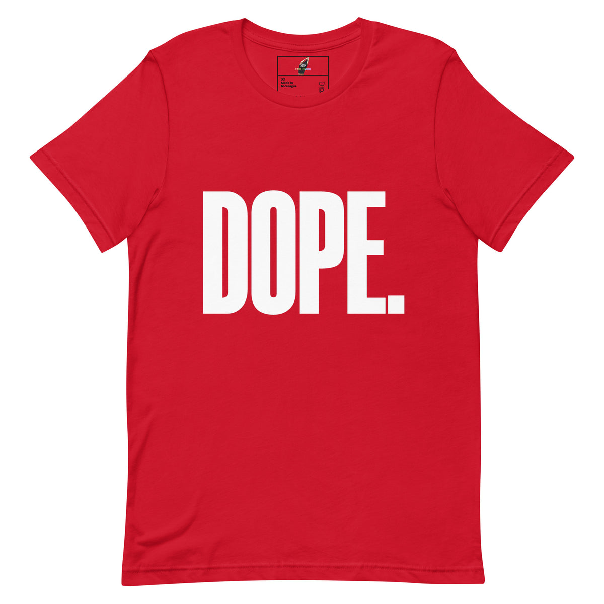A red short-sleeve crewneck t-shirt with the word 'DOPE.' printed in large white block letters across the chest, shown flat against a white background.
