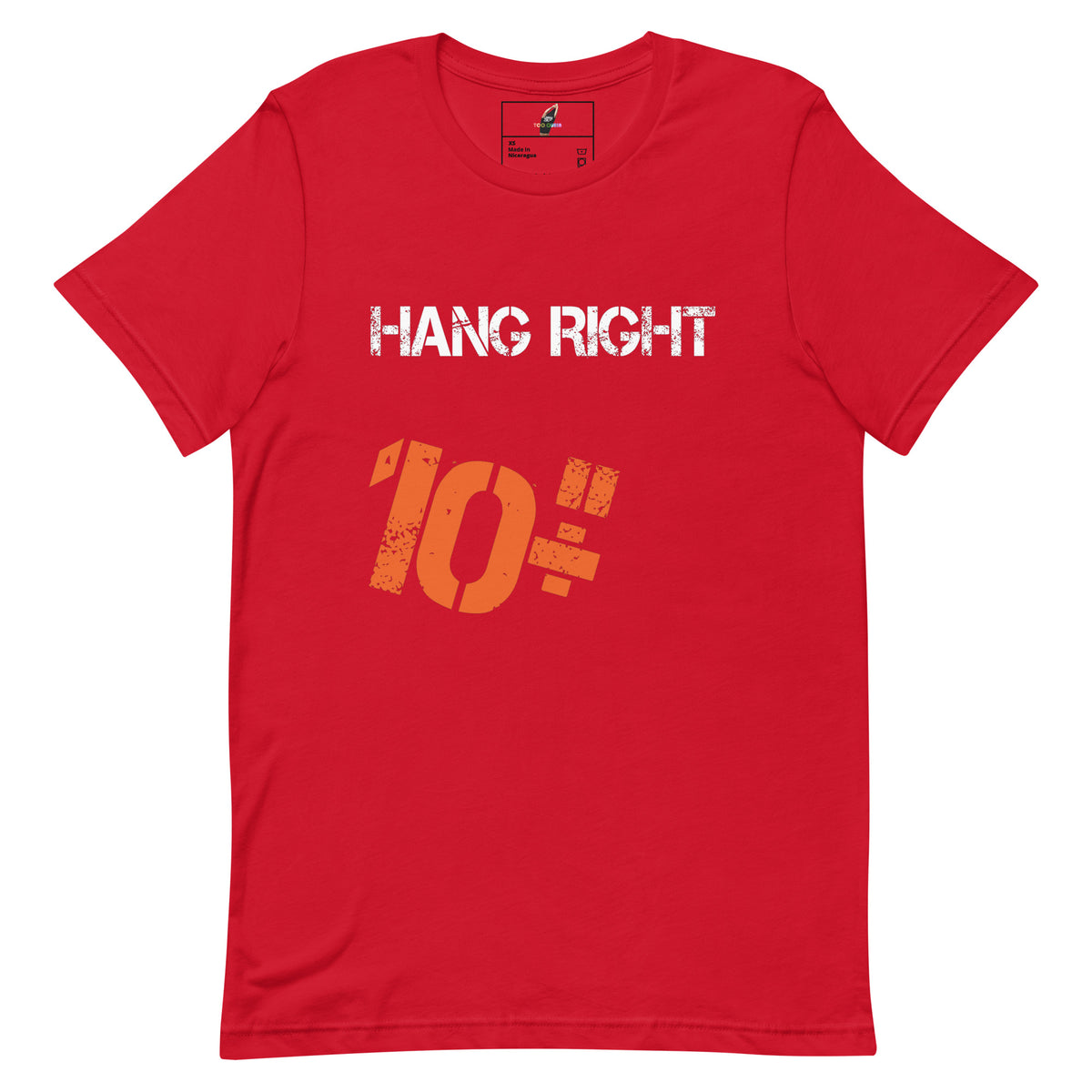 A red short-sleeve crewneck t-shirt featuring the text 'HANG RIGHT' in distressed white letters and a large distressed orange '10"' graphic below it, displayed on a solid white background.