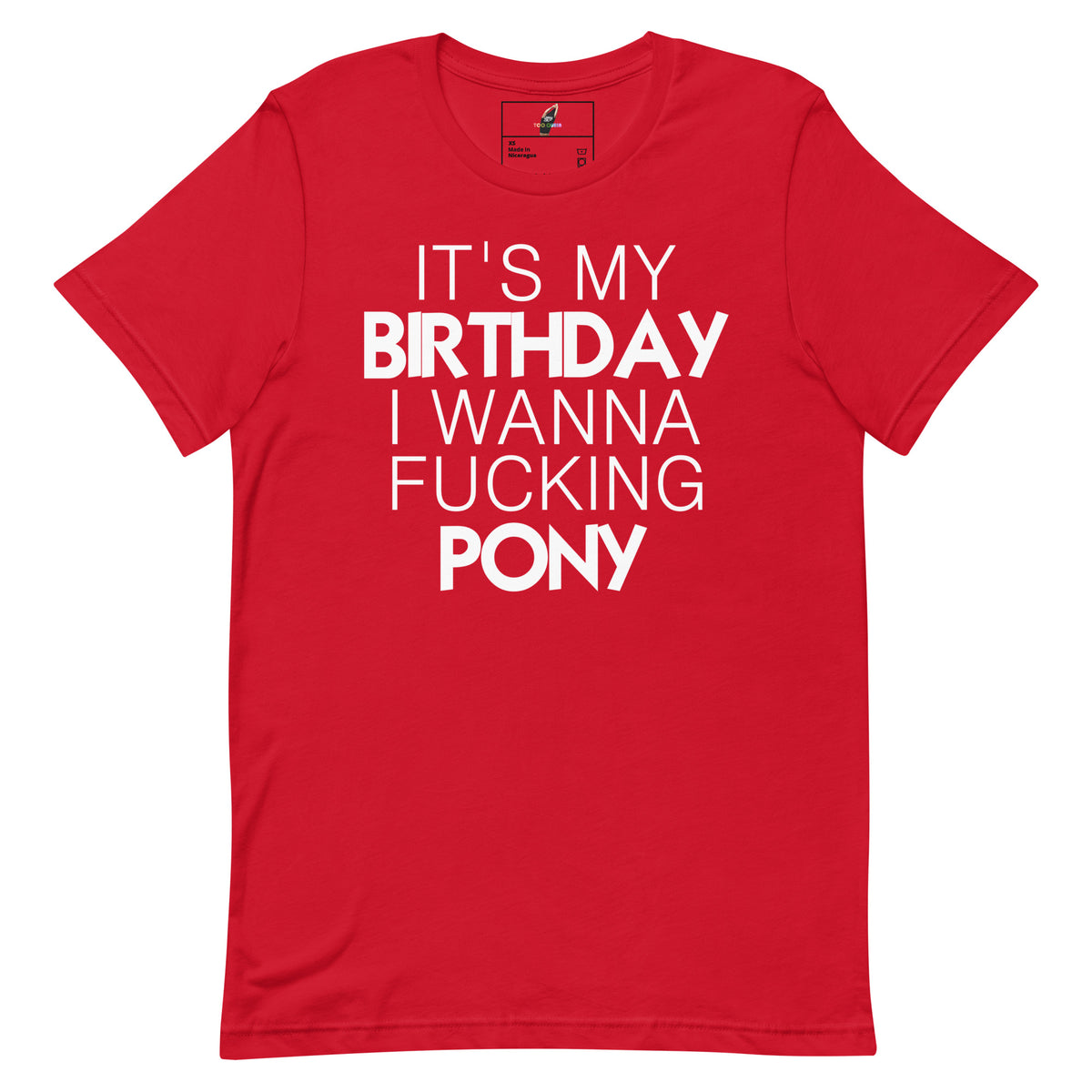 A red short-sleeve crewneck t-shirt with bold white text on the front that reads 'IT'S MY BIRTHDAY I WANNA FUCKING PONY'.