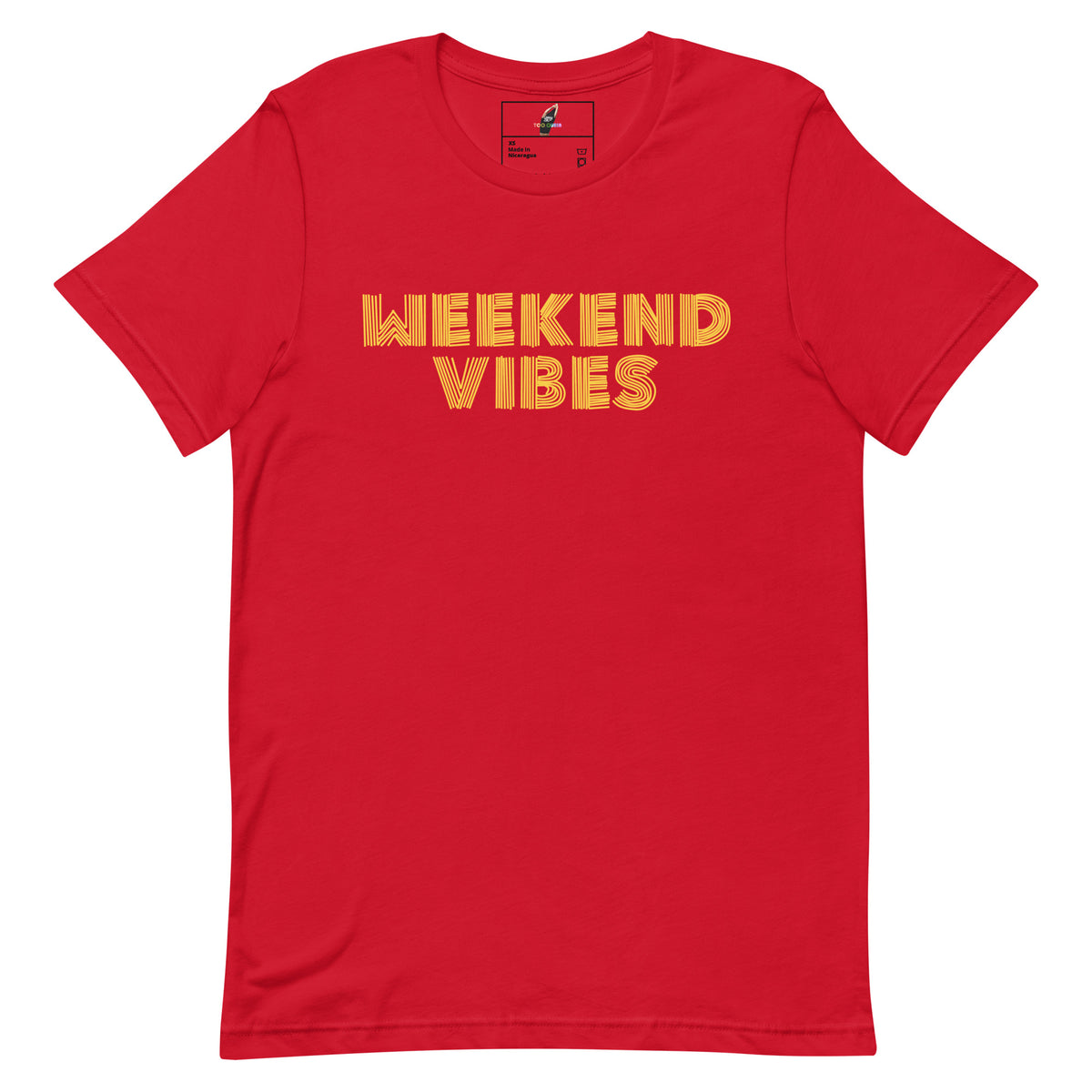 A red short-sleeve crewneck t-shirt with 'WEEKEND VIBES' printed in a yellow-orange textured font across the chest, displayed on a solid white background.