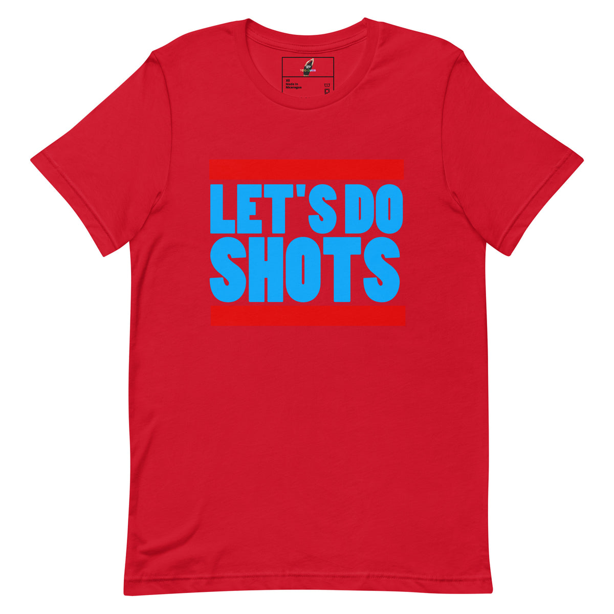 A red short-sleeve crewneck t-shirt with a graphic on the chest reading 'LET'S DO SHOTS' in bold blue letters inside a red rectangular block.