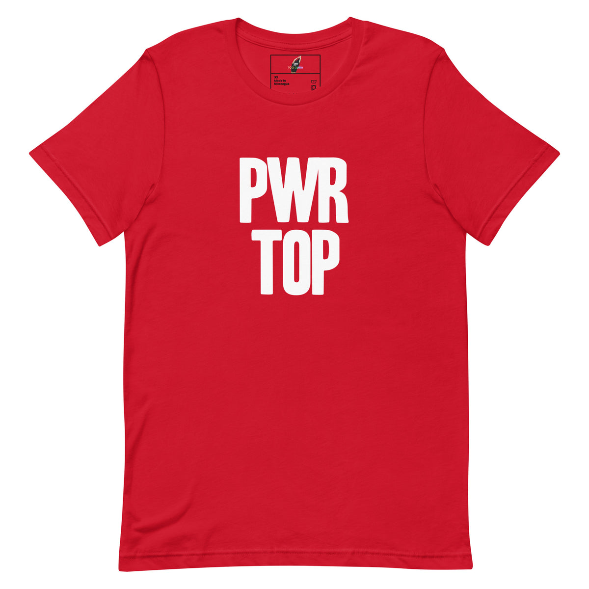 A red short-sleeve crewneck t-shirt with the words 'PWR TOP' printed in bold white capital letters on the chest, displayed flat against a plain white background.