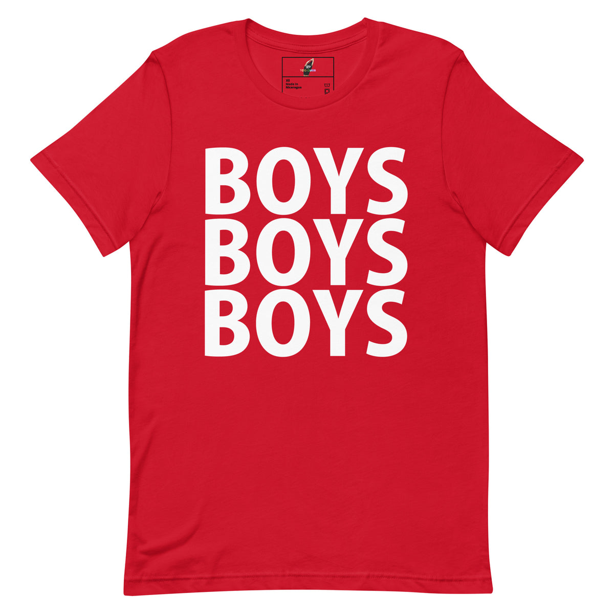 A red short-sleeve crewneck t-shirt featuring the word 'BOYS' printed vertically in large white block letters, repeated three times to read 'BOYS BOYS BOYS'.