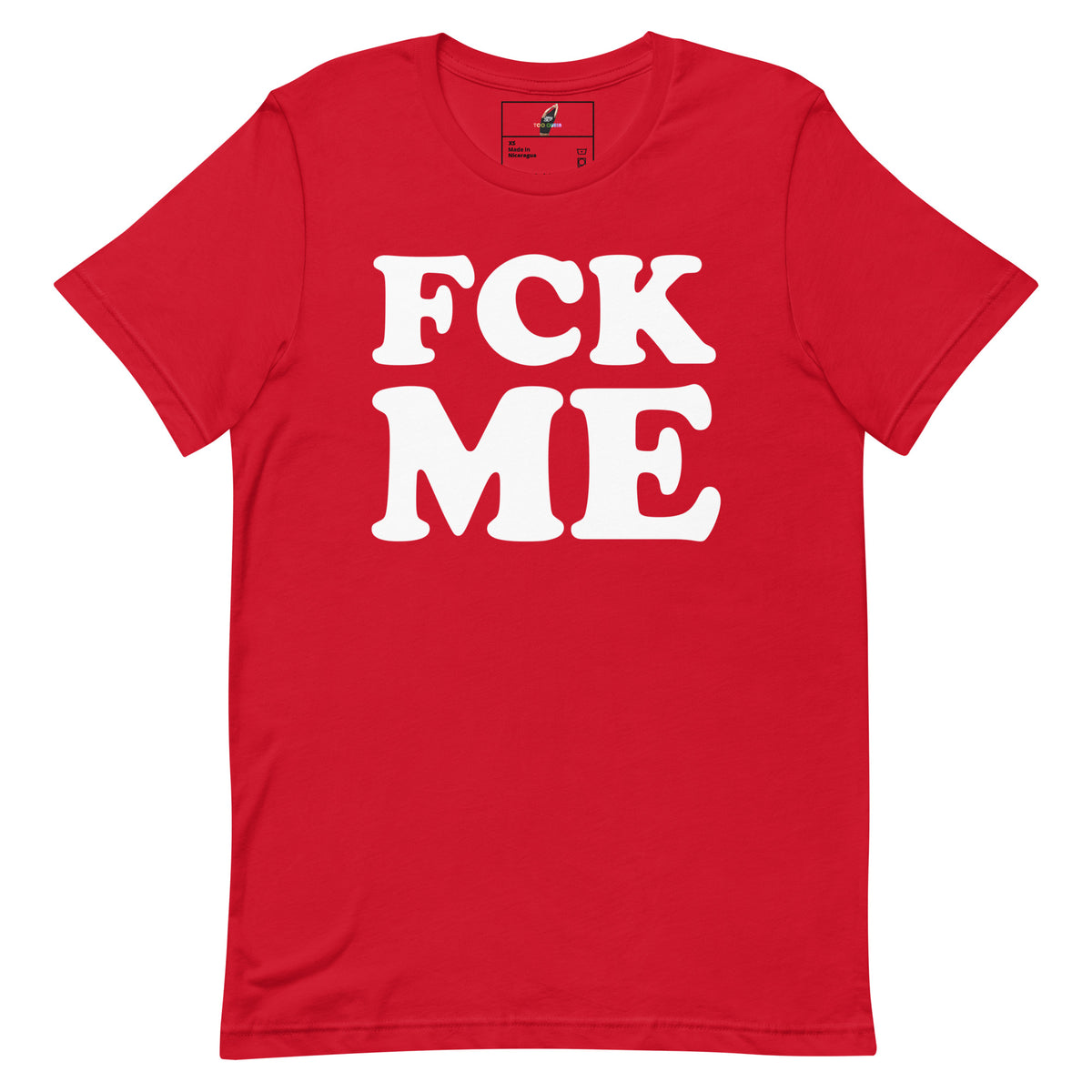 A red short-sleeve crewneck t-shirt with the words 'FCK ME' printed in large, bold white block letters across the chest, displayed flat against a plain white background.