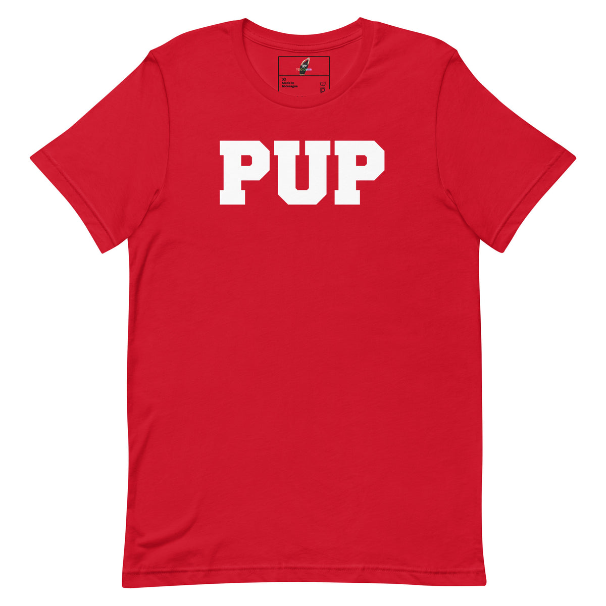 A red short-sleeve crewneck t-shirt with the word 'PUP' printed in bold white block letters across the chest, displayed flat against a plain white background.