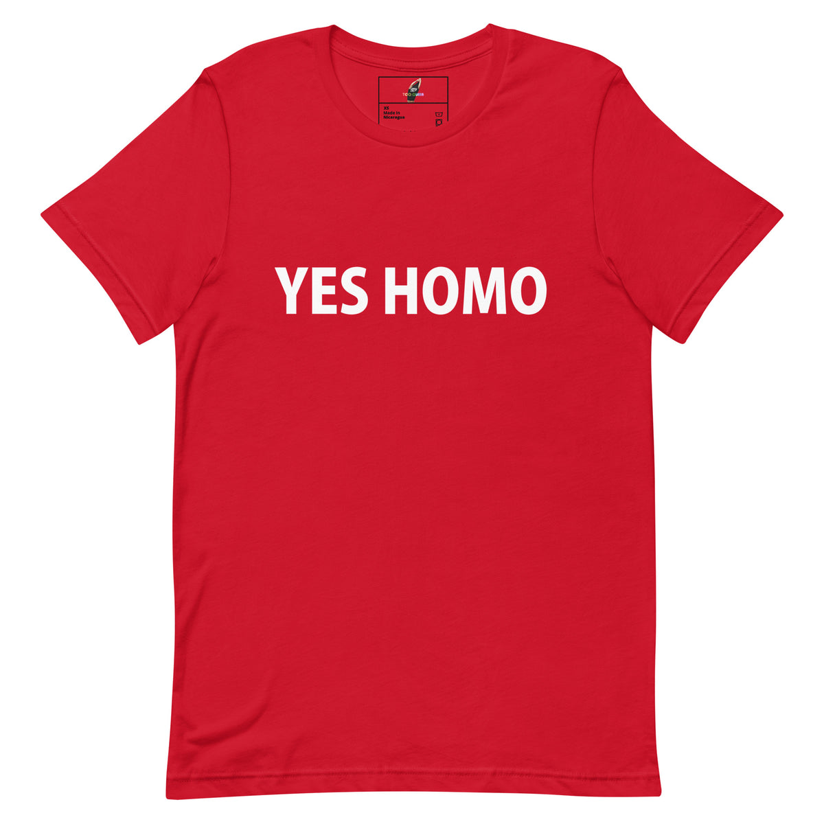 A red short-sleeve crewneck t-shirt with the words 'YES HOMO' printed in bold white capital letters across the chest, displayed flat against a solid white background.