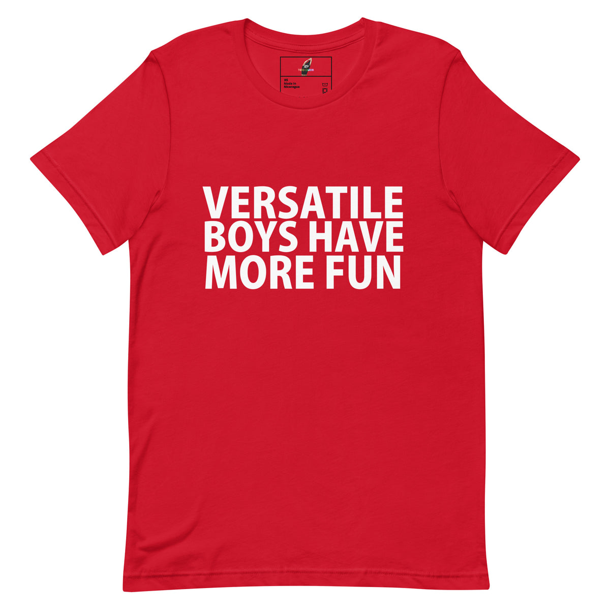 A red short-sleeve crewneck t-shirt with the phrase 'VERSATILE BOYS HAVE MORE FUN' printed in bold white capital letters across the chest, displayed on a solid white background.