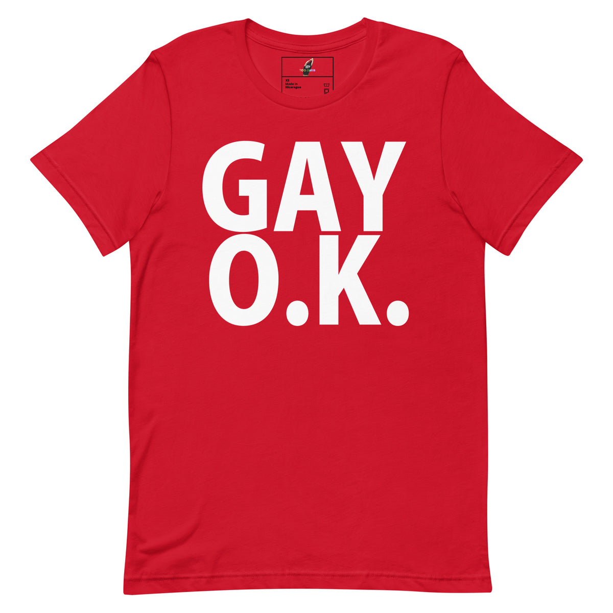 A red short-sleeve crewneck t-shirt with the words 'GAY O.K.