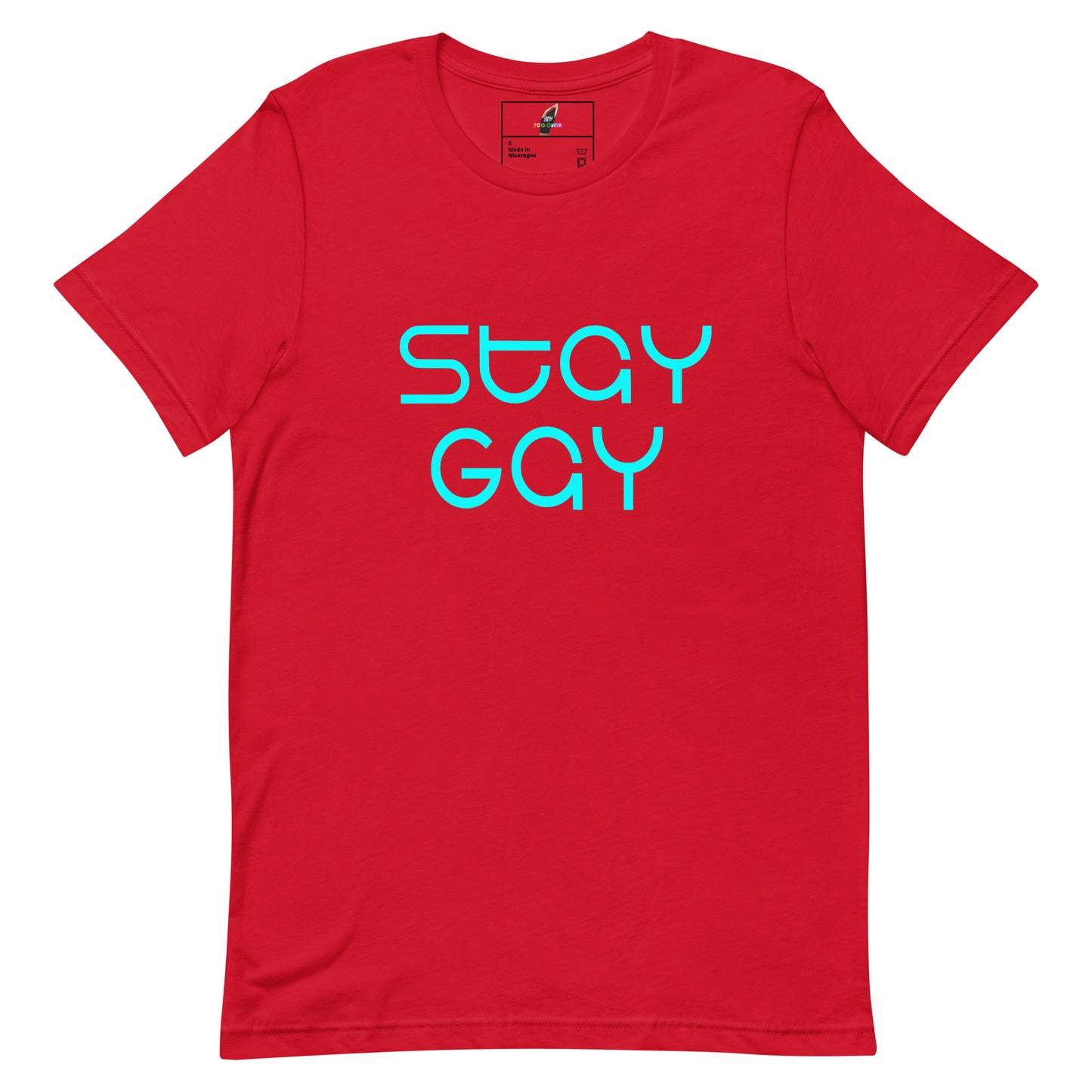 A red short-sleeve crewneck t-shirt with the words 'stay GAY' printed on the chest in a bright cyan outline font, displayed against a solid white background.