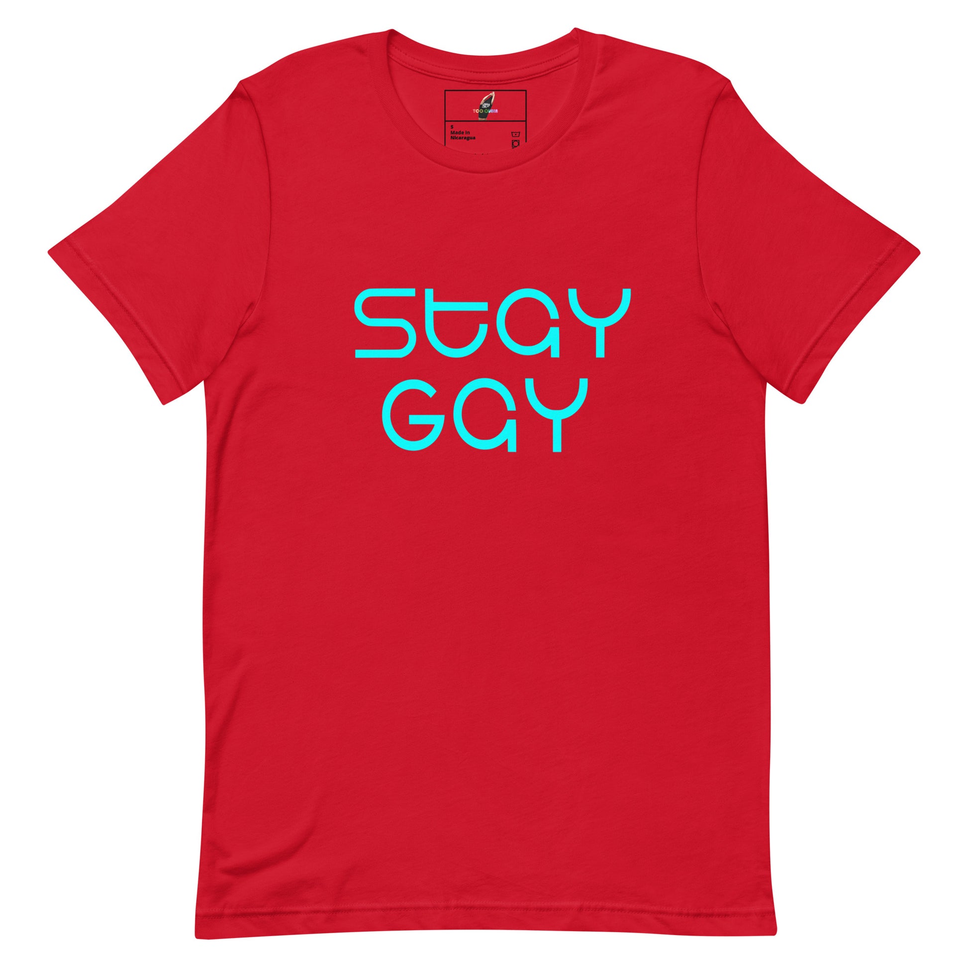 A red short-sleeve crewneck t-shirt with the words 'stay GAY' printed on the chest in a bright cyan outline font, displayed against a solid white background.