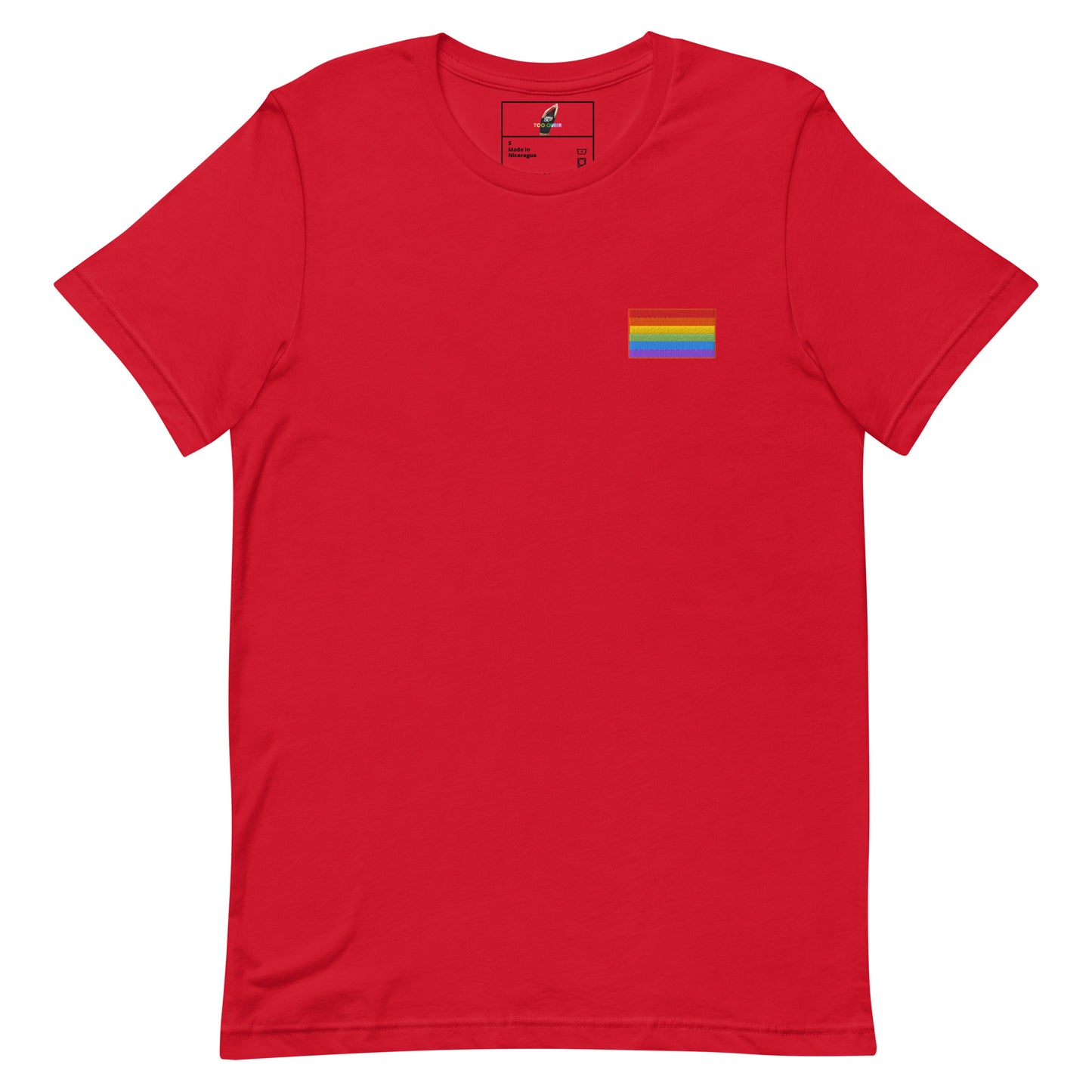 A red short-sleeve crewneck t-shirt with a small rainbow pride flag graphic on the left chest, displayed on a clean white background.