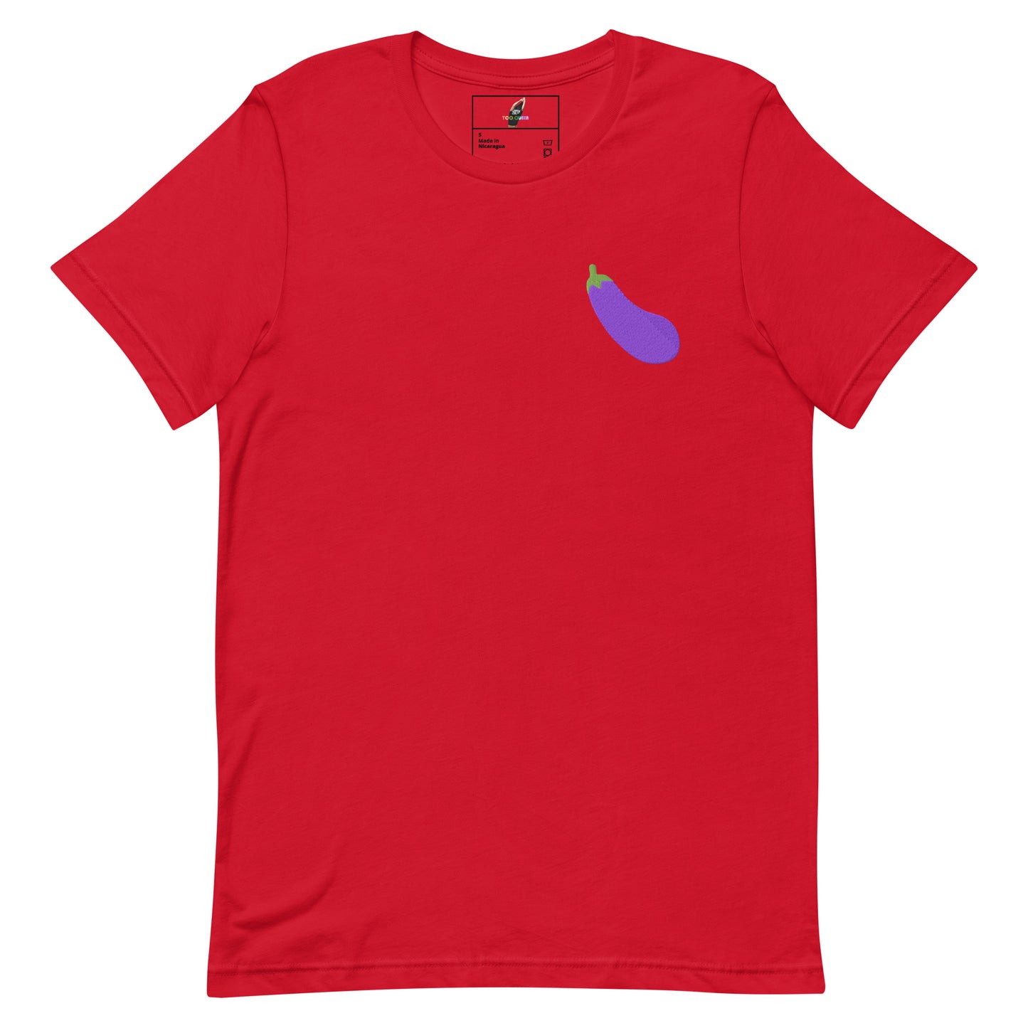 A red short-sleeve crewneck t-shirt featuring a small purple eggplant graphic on the left chest, displayed on a clean white background.