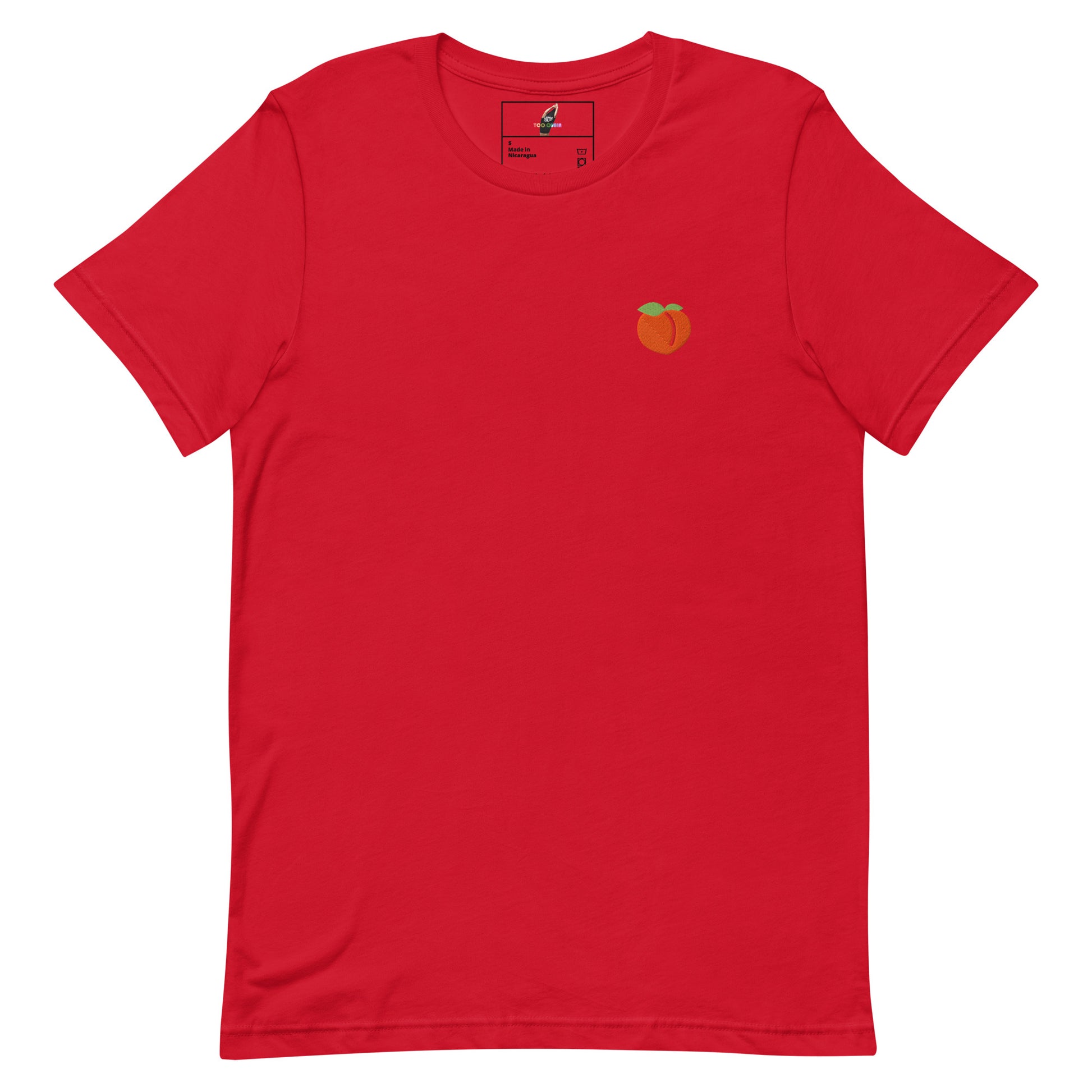 A red short-sleeve crewneck t-shirt with a small embroidered orange persimmon graphic on the left chest, displayed flat against a solid white background.