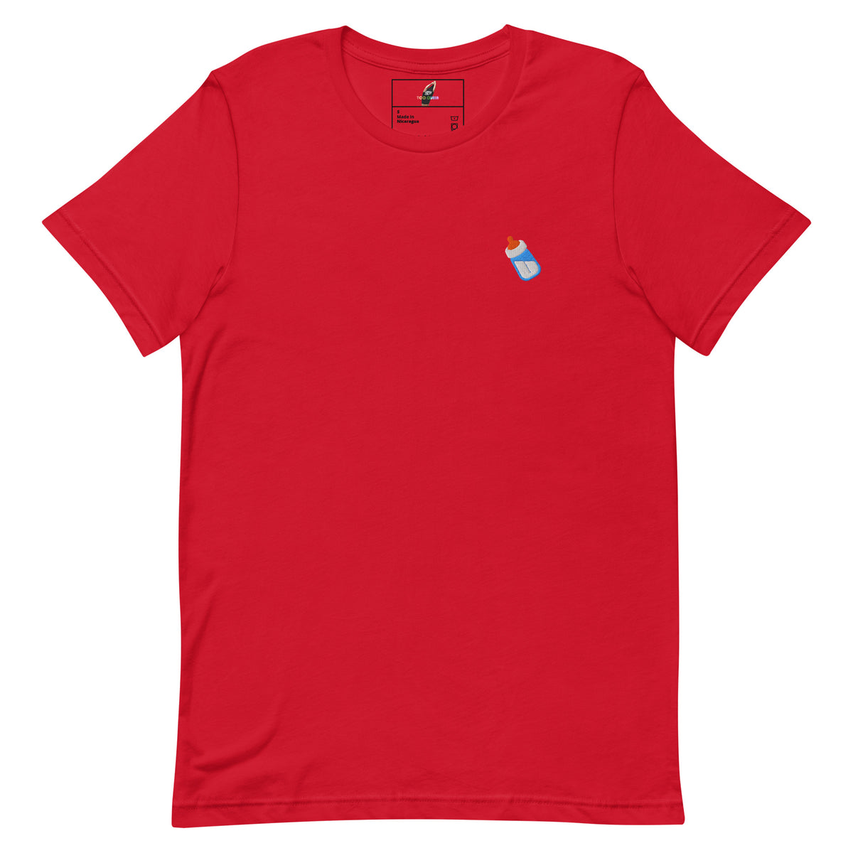 A red short-sleeve crewneck t-shirt with a small graphic of a blue baby bottle on the left chest, displayed flat against a white background.