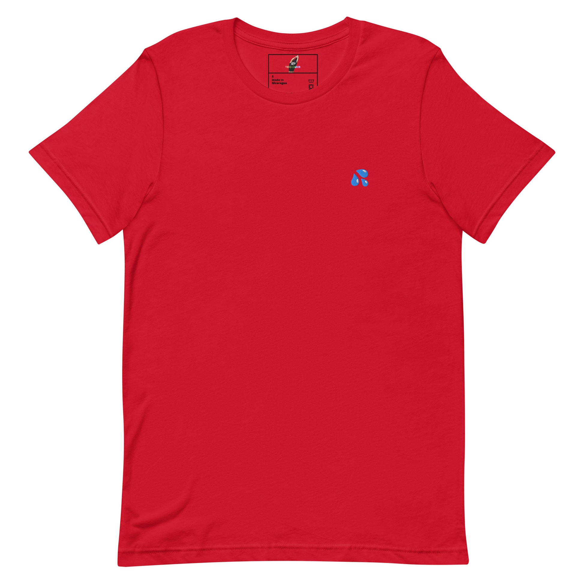 A red short-sleeve crewneck t-shirt with a small blue and white graphic on the left chest, displayed flat against a solid white background.