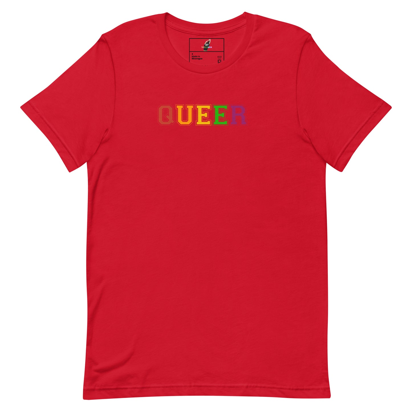 A red short-sleeve crewneck t-shirt featuring the word 'QUEER' printed across the chest in a rainbow gradient, displayed on a clean white background.