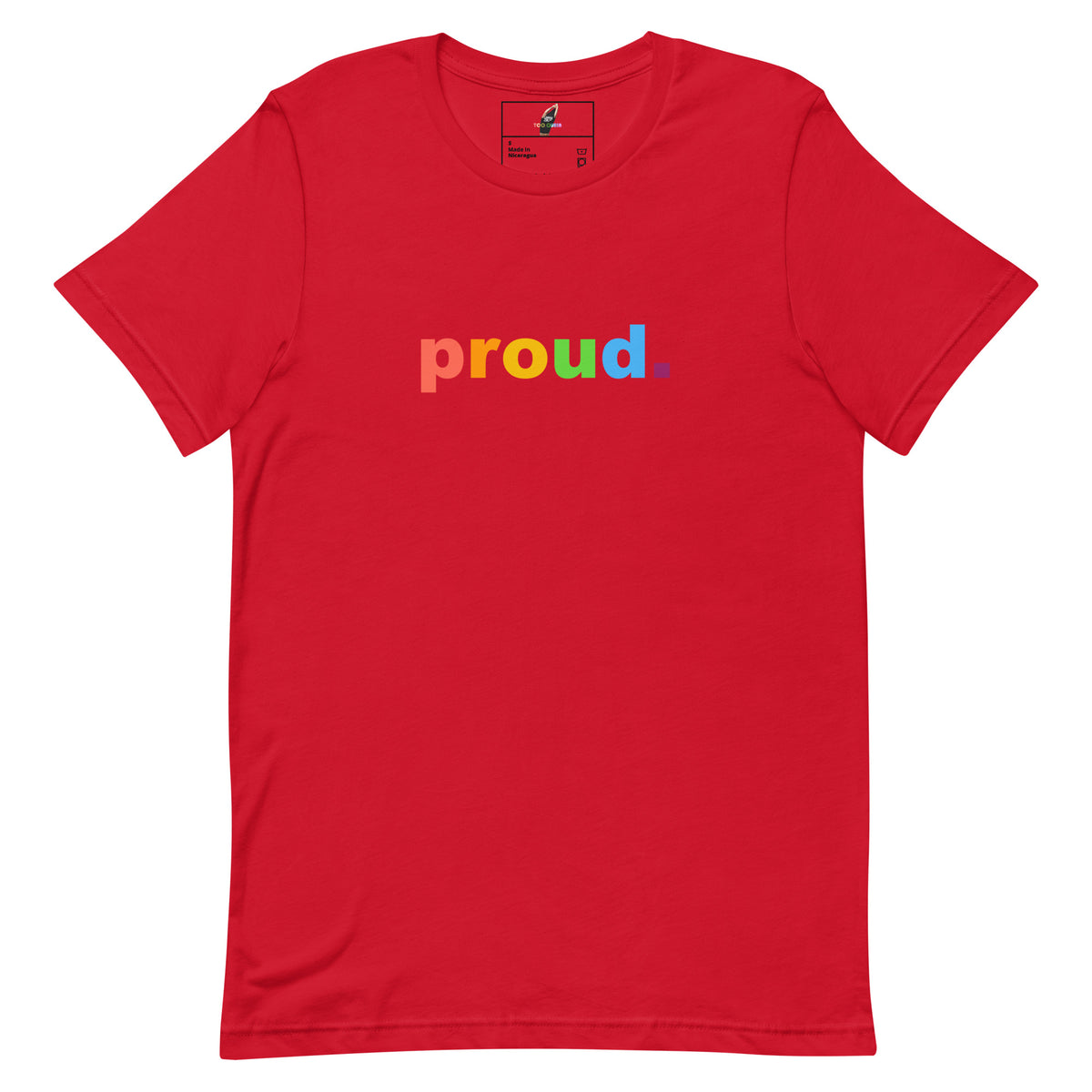 A red short-sleeve crewneck t-shirt featuring the word 'proud' printed across the chest in rainbow colors, displayed on a solid white background.