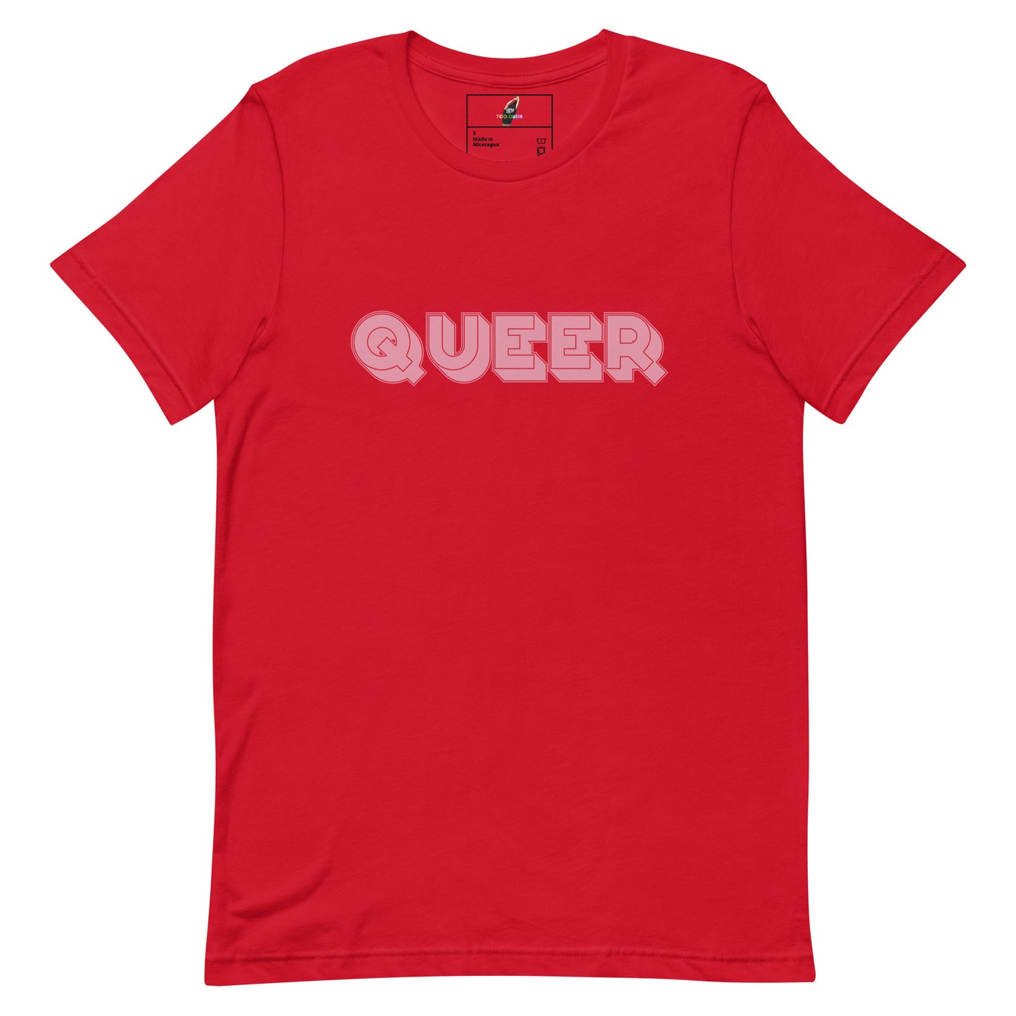 A red short-sleeve crewneck t-shirt with the word 'QUEER' printed across the chest in a light pink outline font, shown against a plain white background.