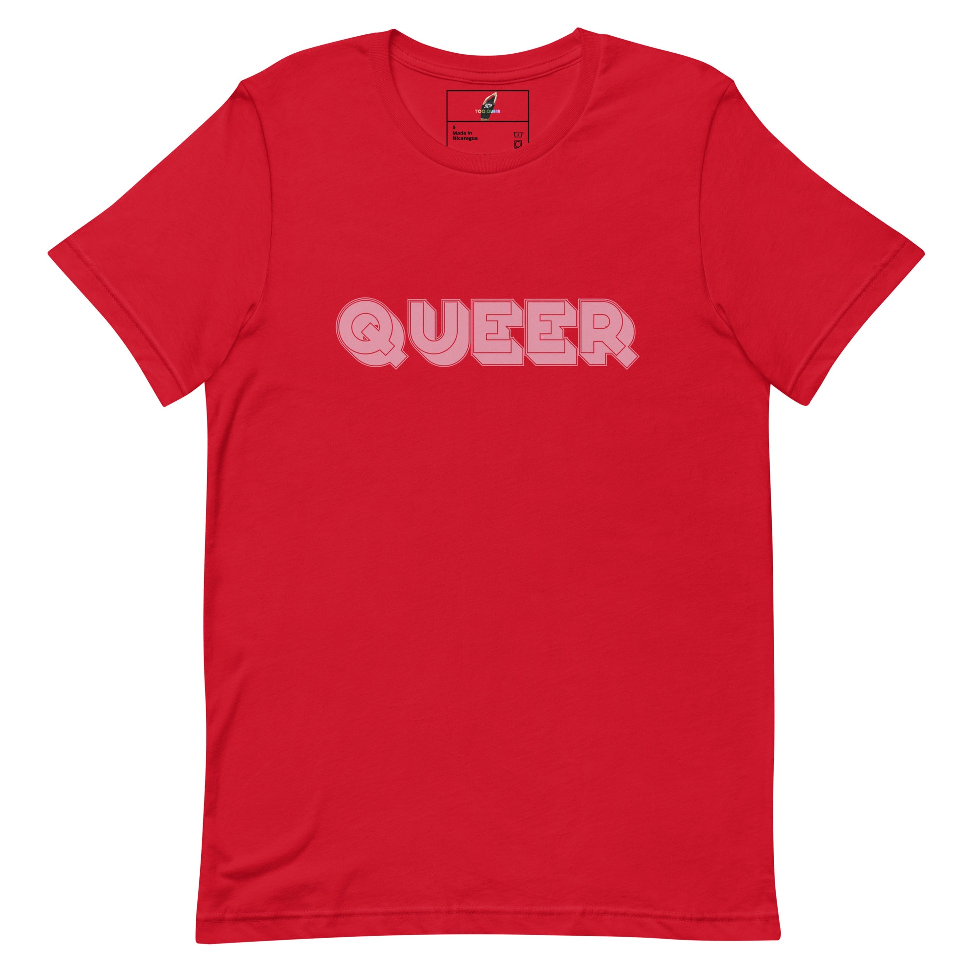 A red short-sleeve crewneck t-shirt with the word 'QUEER' printed across the chest in a light pink outline font, shown against a plain white background.