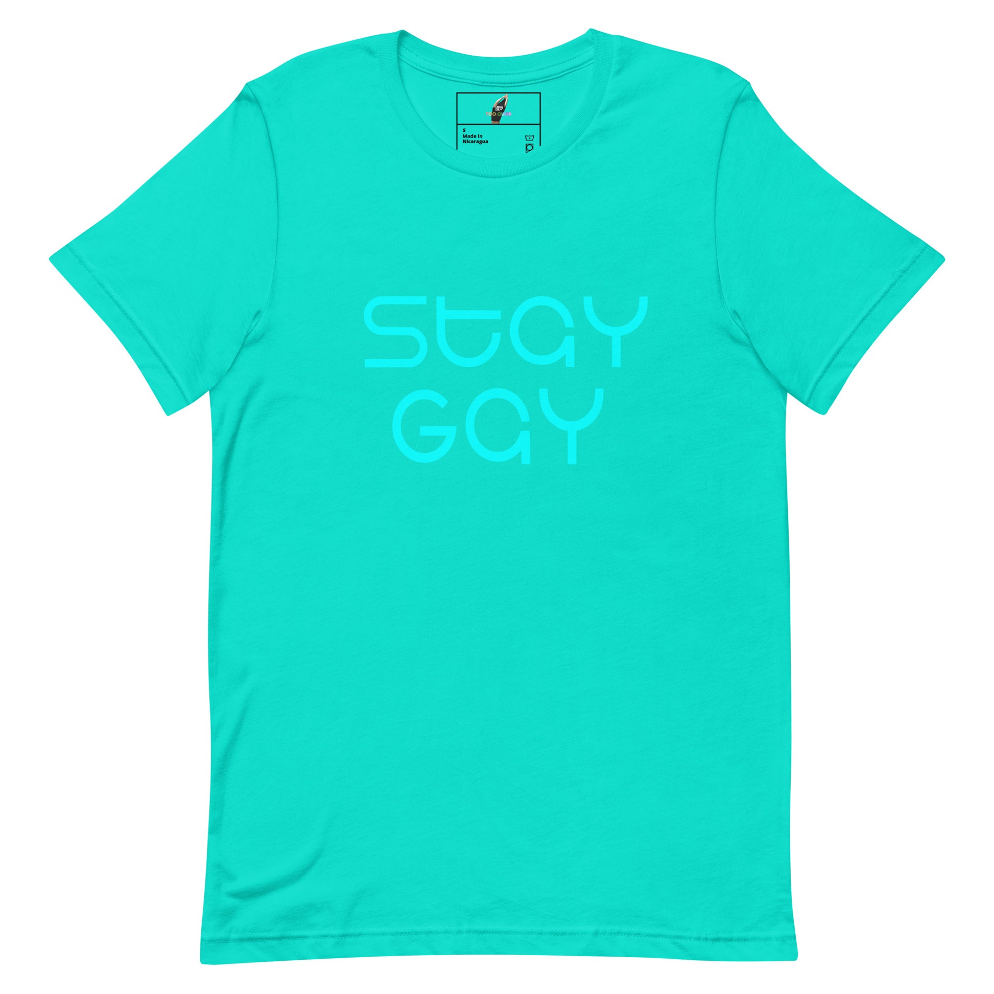 A bright turquoise short-sleeve crewneck t-shirt with the words 'stay GAY' printed in a light blue bubble font across the chest, displayed flat against a solid white background.