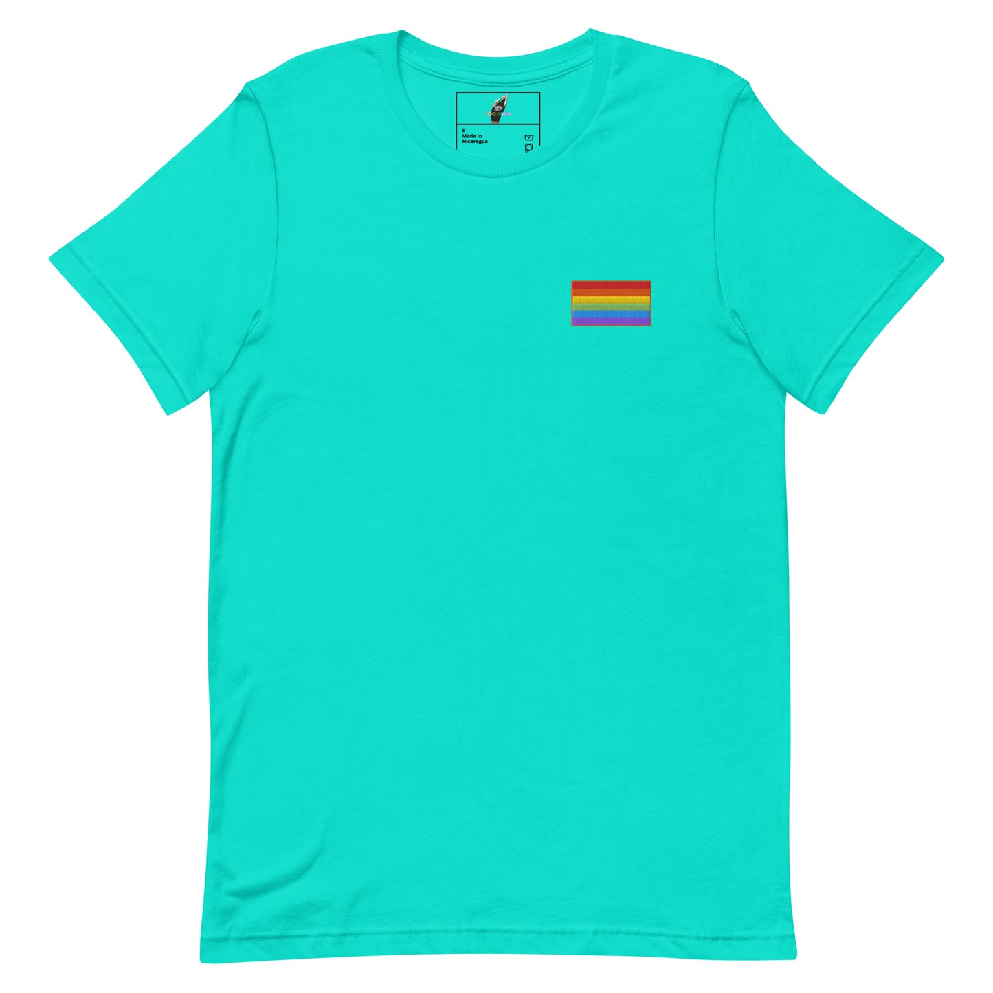 A turquoise short-sleeve crewneck t-shirt with a small multicolor pride flag graphic on the left chest, displayed on a clean white background.