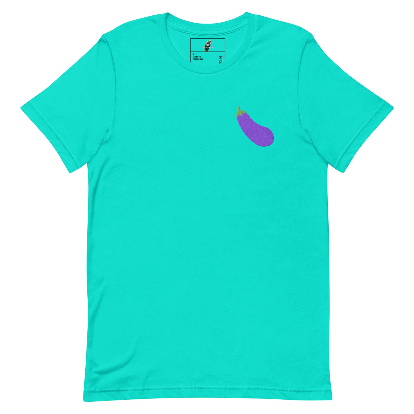 A bright turquoise short-sleeve crewneck t-shirt with a small purple eggplant graphic on the left chest, displayed flat against a solid white background.