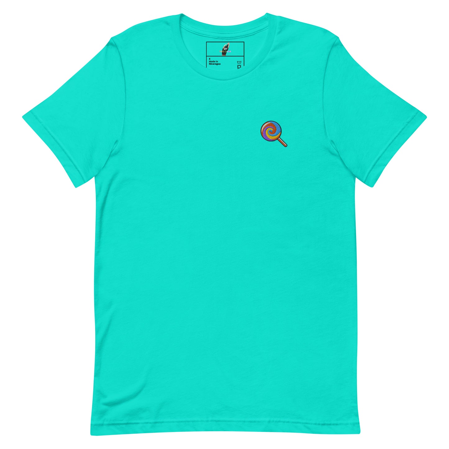 A bright turquoise short-sleeve crewneck t-shirt with a small red and black magnifying glass graphic on the left chest, displayed flat against a solid white background.