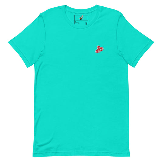 A bright turquoise short-sleeve crewneck t-shirt with a small red graphic logo on the left chest, displayed flat against a solid white background.