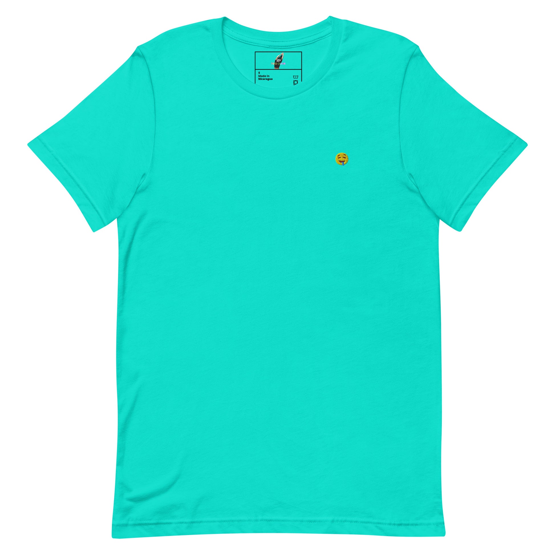 A bright turquoise short-sleeve crewneck t-shirt with a small yellow smiley face graphic printed on the left chest, displayed flat against a solid white background.