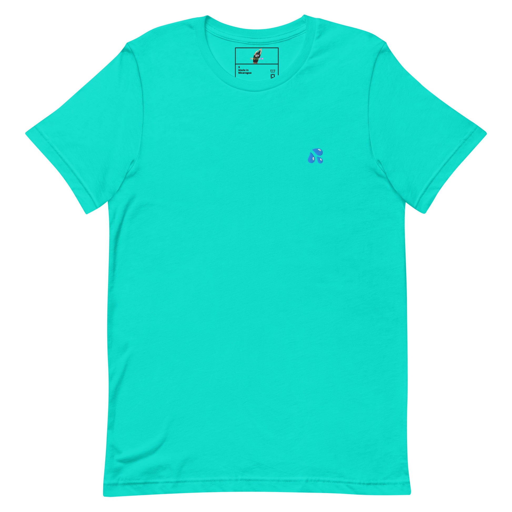 A bright turquoise short-sleeve crewneck t-shirt with a small blue graphic on the left chest, displayed flat against a solid white background.