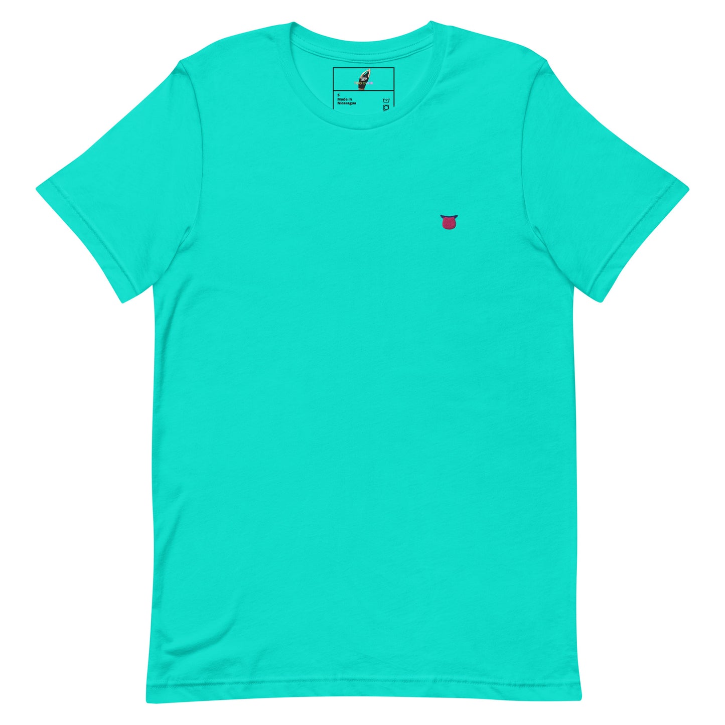 A bright turquoise short-sleeve crewneck t-shirt with a small red graphic on the left chest, displayed flat against a solid white background.