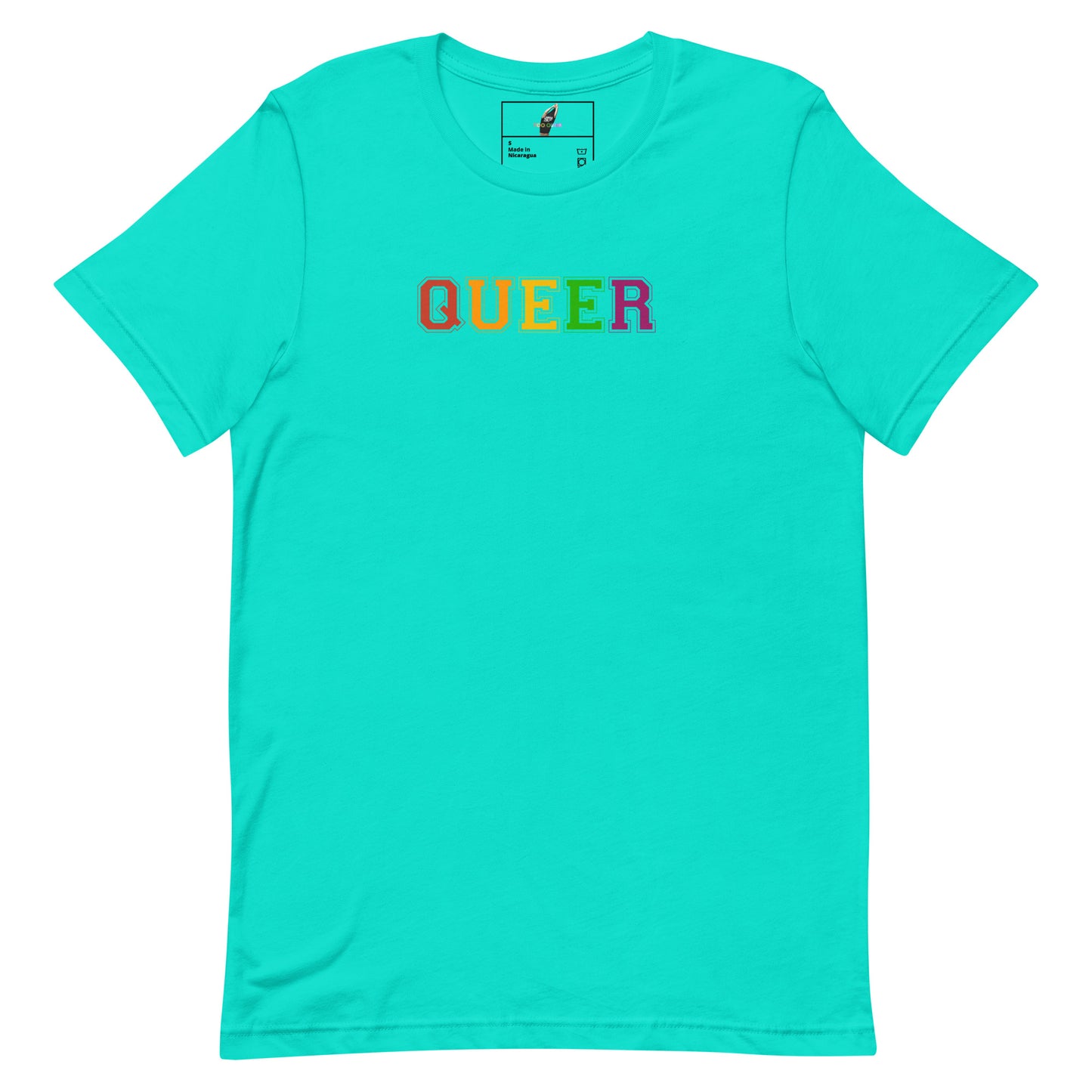 A bright turquoise short-sleeve crewneck t-shirt featuring the word 'QUEER' printed across the chest in a rainbow gradient. The inner neck label shows the brand 'Bloom'.